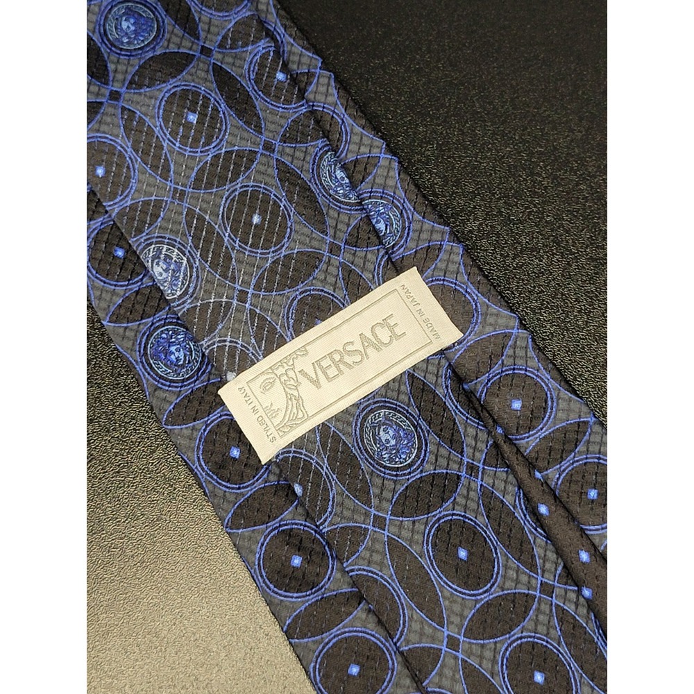 Versace Necktie Blue Black Geometric Medusa Head Silk Made in Japan Excellent